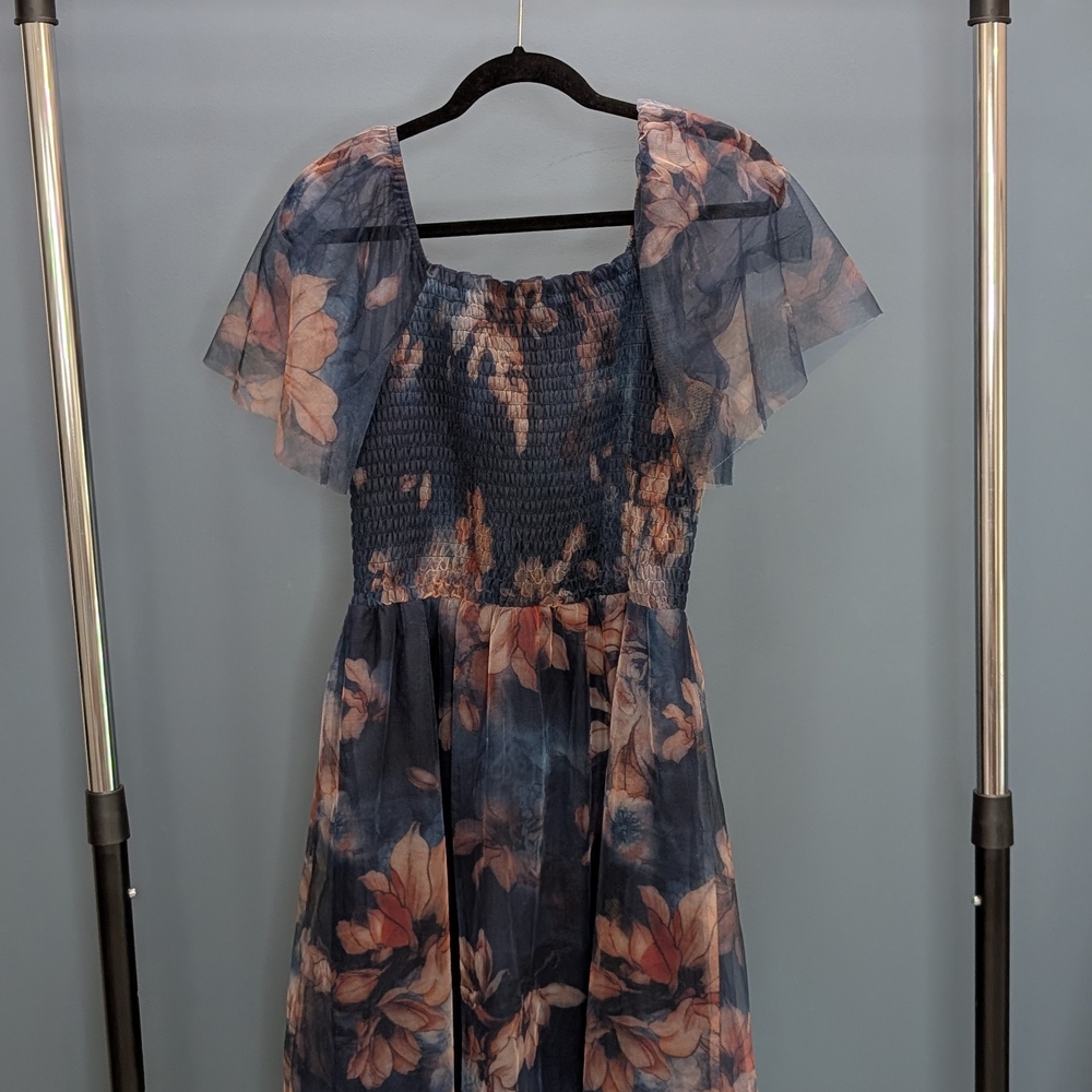 Baltic Born Pleated Midi Dress with Flutter Sleeves in Blue and Pink